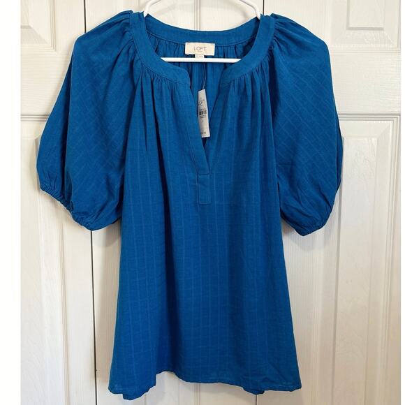 LOFT Outlet NWT Blue Textured Cotton Puff Sleeve Top, Small - Picture 2 of 8